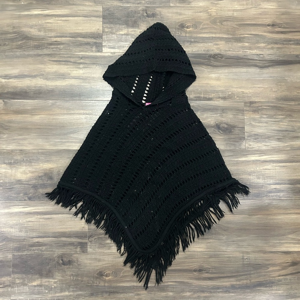 Black Say What? Knit Poncho with Fringe
